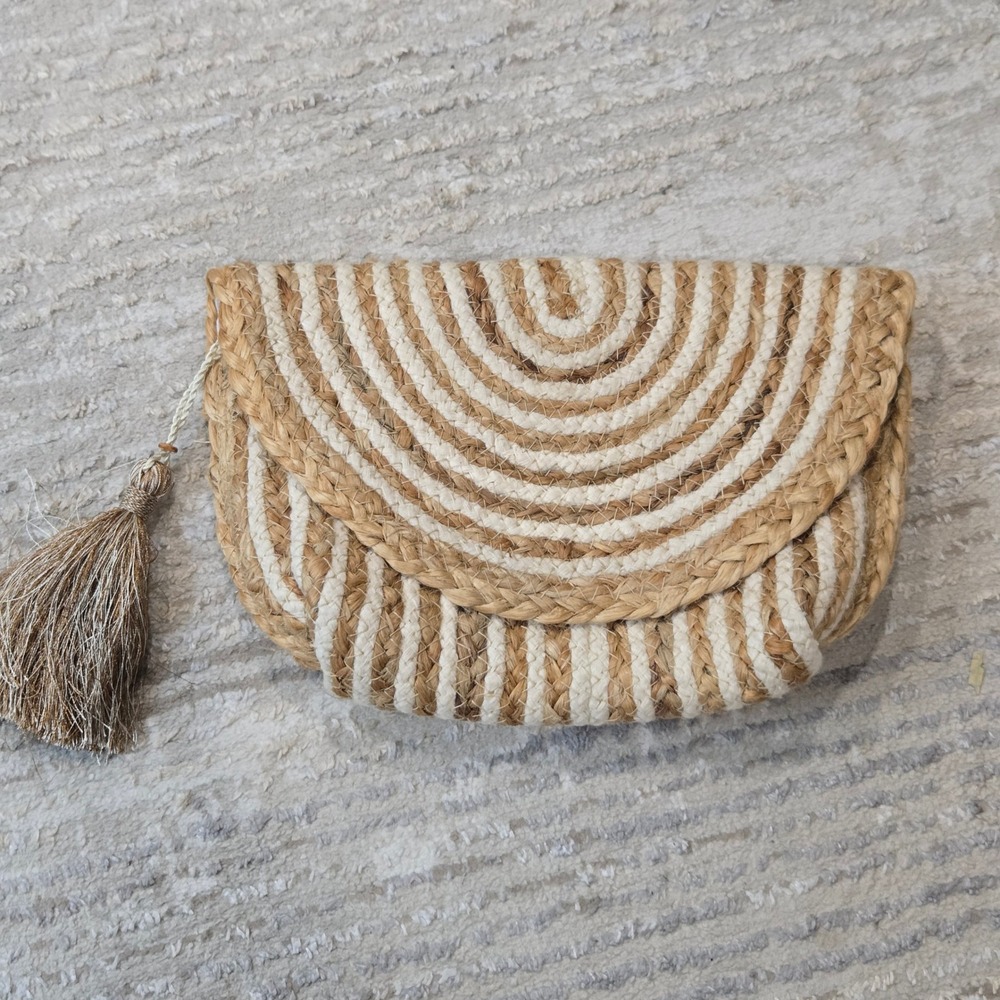 Venus Jute Cotton Woven Crossbody Bag Striped Tassel Boho Summer Tan Resort